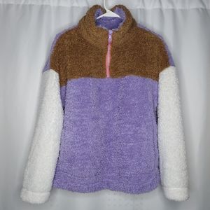 GAP Teddy Sherpa Fleece Sweatshirt Med Mock Zip Pocket Purple Brown Color Block